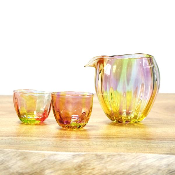 glass calico グラスキャリコ プリズム ライン 冷酒器セット (片口・ぐい呑 2個) ハンドメイド ガラス酒器