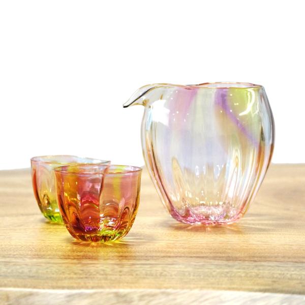 glass calico グラスキャリコ プリズム ライン 冷酒器セット (片口・ぐい呑 2個) ハンドメイド ガラス酒器