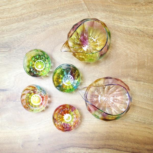 glass calico グラスキャリコ プリズム ライン 冷酒器セット (片口・ぐい呑 2個) ハンドメイド ガラス酒器