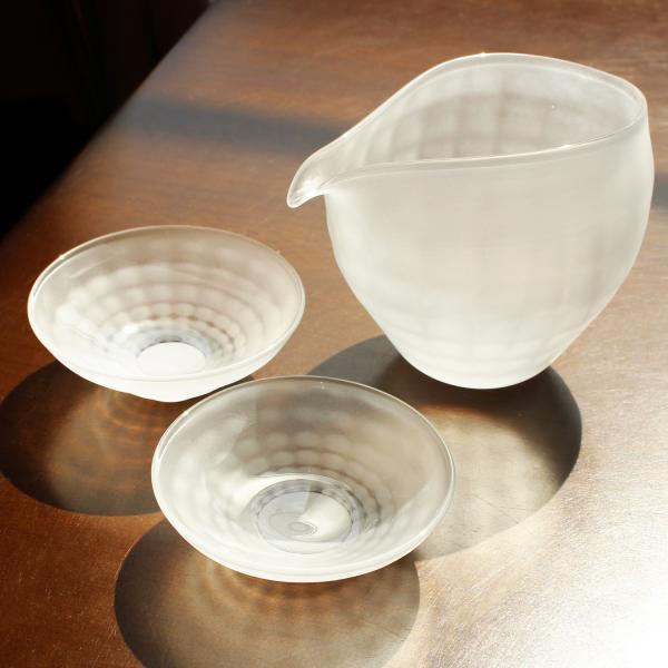 glass calico グラスキャリコ ハンドメイド ガラス酒器 澄 (すみ) サンドブラスト 冷酒器セット (片口・さかずき2個)