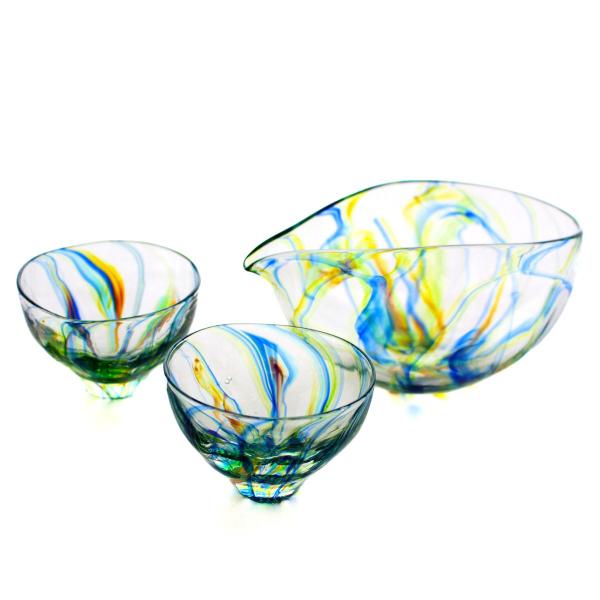 SAIZOU GLASS LABO サイゾウグラスラボ ハンドメイド ガラス酒器 Lotus (ロータス) 冷酒器セット (横型片口・ぐい呑2個)