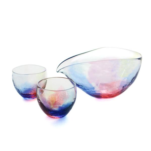 SAIZOU GLASS LABO サイゾウグラスラボ ハンドメイド ガラス酒器 虹のカタチ 冷酒器セット (横型片口・ぐい呑2個)