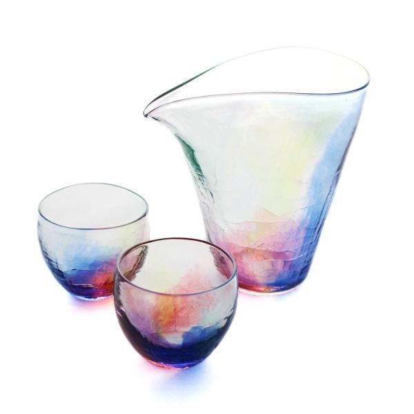 SAIZOU GLASS LABO サイゾウグラスラボ ハンドメイド ガラス酒器 虹のカタチ 冷酒器セット (縦型片口・ぐい呑2個)