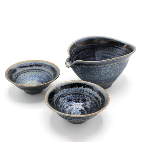山下陶房 山下秀樹 銀化天目(ぎんかてんもく) 酒器揃 片口 (小)・盃 2個