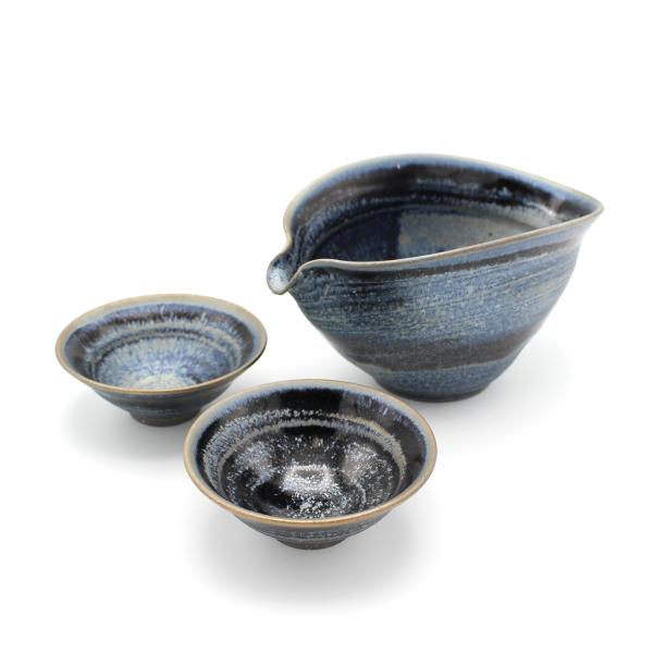 山下陶房 山下秀樹 銀化天目(ぎんかてんもく) 酒器揃 片口 (大)・盃 2個
