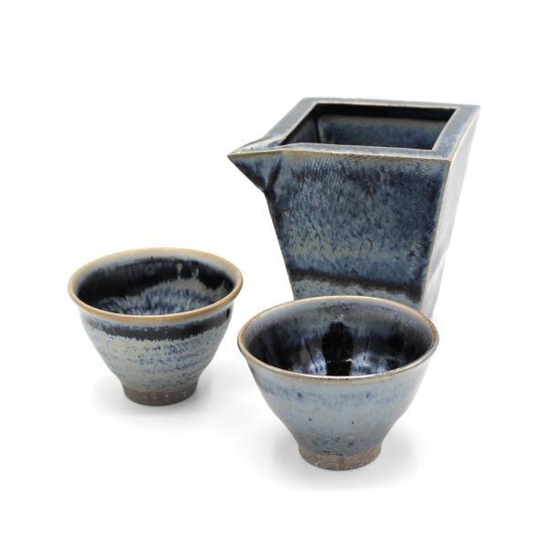 山下陶房 山下秀樹 銀化天目(ぎんかてんもく) 酒器揃 角片口 (小)・ぐい呑 2個
