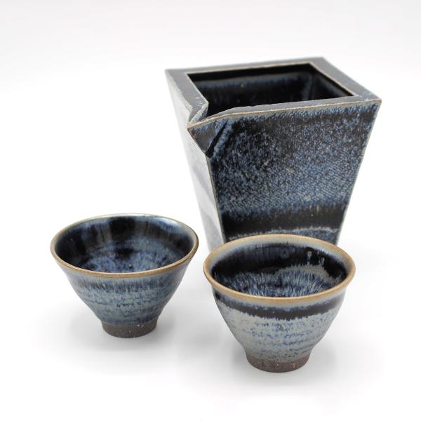 山下陶房 山下秀樹 銀化天目(ぎんかてんもく) 酒器揃 角片口 (中)・ぐい呑 2個