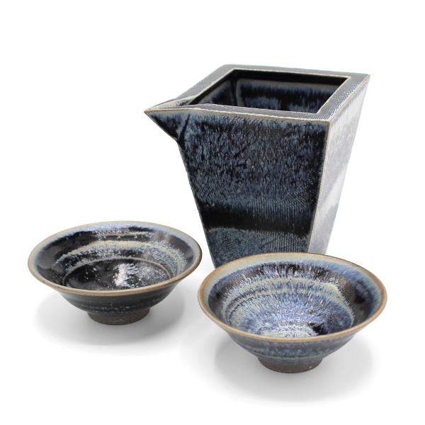 山下陶房 山下秀樹 銀化天目(ぎんかてんもく) 酒器揃 角片口 (中)・盃 2個