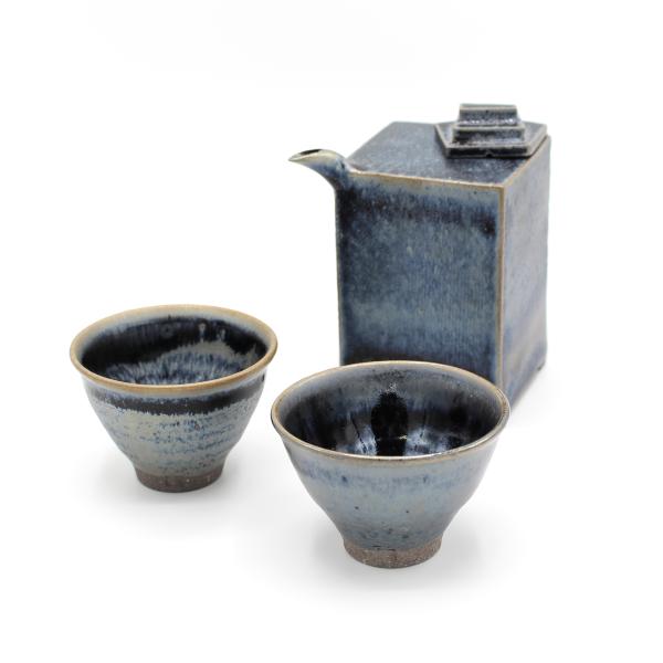 山下陶房 山下秀樹 銀化天目(ぎんかてんもく) 酒器揃 角片口 (蓋付) (小)・ぐい呑 2個