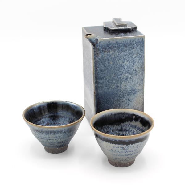 山下陶房 山下秀樹 銀化天目(ぎんかてんもく) 酒器揃 角片口 (蓋付) (中)・ぐい呑 2個