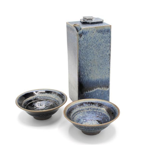 山下陶房 山下秀樹 銀化天目(ぎんかてんもく) 酒器揃 角片口 (蓋付) (大)・盃 2個