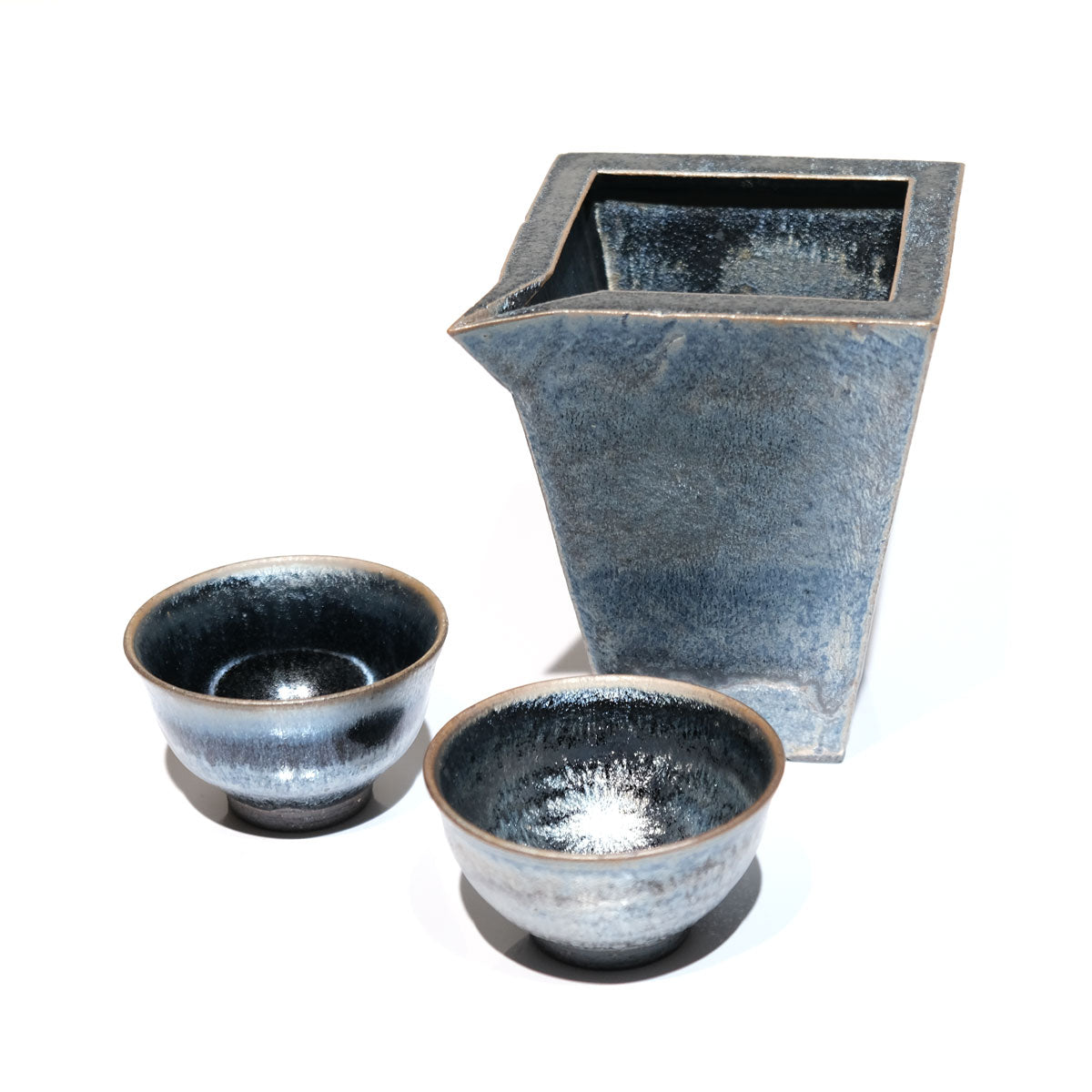山下陶房 山下秀樹 銀化天目(ぎんかてんもく) 酒器揃 角片口 (大)・ぐい呑 2個