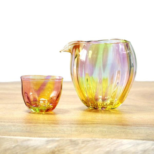 glass calico グラスキャリコ プリズム ライン 冷酒器セット (片口・ぐい呑 1個)   ハンドメイド ガラス酒器