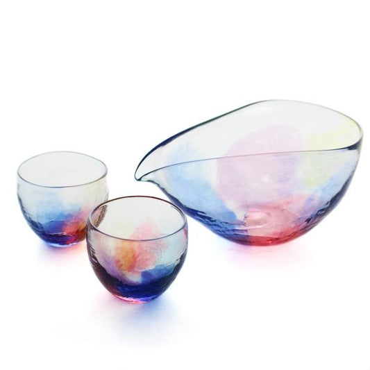 SAIZOU GLASS LABO サイゾウグラスラボ ハンドメイド ガラス酒器 虹のカタチ 冷酒器セット (横型片口・ぐい呑２個)
