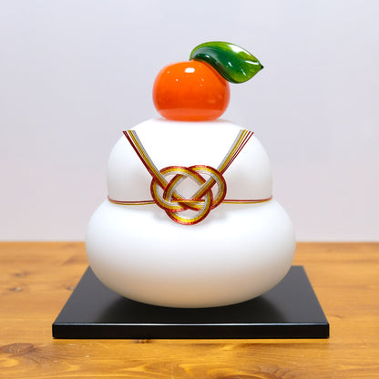 ガラスの白い鏡餅（LL） glass calico グラスキャリコ ハンドメイド ガラスアート 化粧箱付 ガラス製 かがみもち オブジェ 置物 お正月