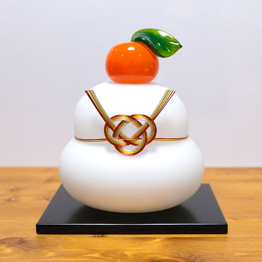 ガラスの白い鏡餅（LL） glass calico グラスキャリコ ハンドメイド ガラスアート 化粧箱付 ガラス製 かがみもち オブジェ 置物 お正月