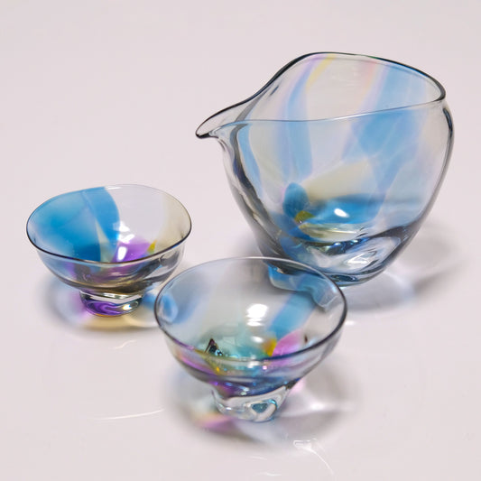 glass calico ミナモearth (ミナモアース) 冷酒器セット (片口・ぐい呑 2個) グラスキャリコ ハンドメイド ガラス酒器