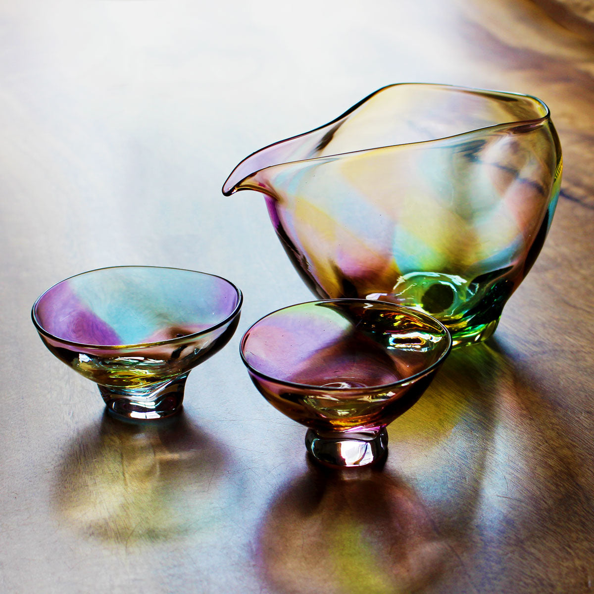 glass calico グラスキャリコ ハンドメイド ガラス酒器 ミナモプリズム 冷酒器セット (片口・ぐい呑 2個)