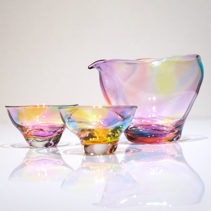 glass calico グラスキャリコ ハンドメイド ガラス酒器 ミナモプリズム 冷酒器セット (片口・ぐい呑 2個)