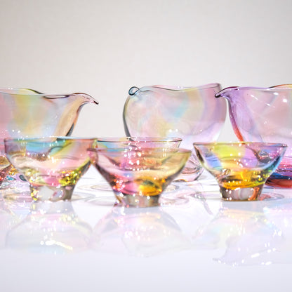 glass calico グラスキャリコ ハンドメイド ガラス酒器 ミナモプリズム 冷酒器セット (片口・ぐい呑 2個)