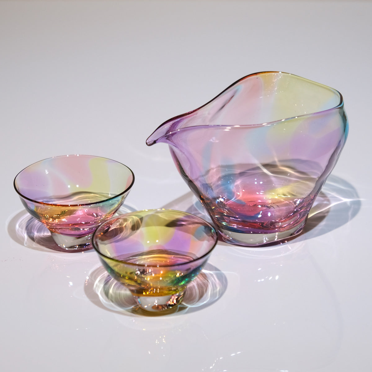 glass calico グラスキャリコ ハンドメイド ガラス酒器 ミナモプリズム 冷酒器セット (片口・ぐい呑 2個)